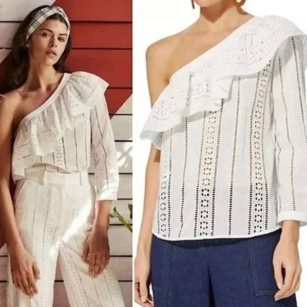 Veronica Beard “Cruz” White One Shoulder Eyelet Blouse Top - Sz 2